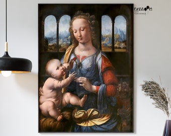 May include: A painting of the Madonna and Child. The Madonna is wearing a blue and red robe and holding a red flower. The Child is reaching for the flower and is wearing a white cloth. The painting is set against a background of a landscape with mountains and trees.