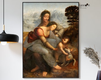 May include: A painting of a woman and child, with a lamb. The woman is wearing a blue dress and a red shawl. The child is holding the lamb in its arms. The background is a landscape with mountains and trees.
