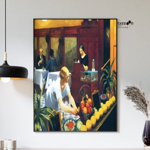 Puede incluir: Una pintura que representa una escena en el interior de un restaurante. Una mujer con un vestido blanco está sirviendo fruta a los clientes en una mesa. El restaurante tiene un suelo de cuadros y una barra de madera oscura. Hay plantas y fruta en exhibición.