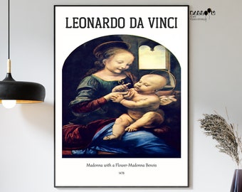 May include: A painting by Leonardo da Vinci titled "Madonna with a Flower - Madonna Benoist". The painting depicts the Virgin Mary holding a baby Jesus. The painting is set in a room with a window and a view of a landscape. The painting is in a dark, muted color palette.