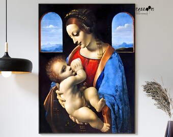 May include: A painting of a woman in a blue robe holding a baby. The woman is wearing a red dress and a gold necklace. The baby is nude and has a chubby face. The painting is set against a dark background with two windows.