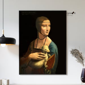 Leonardo Da Vinci, Dama con L&#39;ermellino, 1490, Cartel de Da Vinci, Arte italiano, Decoración de la pared del hogar, Pinturas famosas, Cartel renacentista
