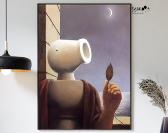 Könnte beinhalten: Ein surrealistisches Gemälde einer weißen, humanoiden Figur mit einem großen, zylindrischen Kopf. Die Figur hält ein einzelnes, braunes Blatt in der Hand. Der Hintergrund ist ein weicher, lilafarbener Himmel mit einem Halbmond.
