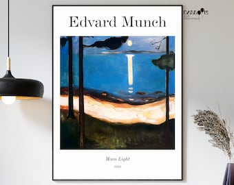 May include: A black and white poster featuring a painting by Edvard Munch titled "Moon Light" from 1895. The painting depicts a moonlit landscape with a lake, trees, and a sliver of moon in the sky.
