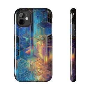 May include: A phone case with a geometric design in blue, gold, and purple. The case has a black border and a glossy finish. The design incorporates hexagonal shapes and lines, creating a futuristic aesthetic. The case is shown from the front and side.