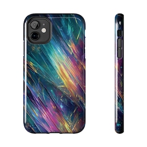 May include: A smartphone case with a vibrant abstract design. The case features a glossy finish and a colorful pattern of intersecting lines in shades of blue, green, purple, and yellow. The case is shown from the front and side.