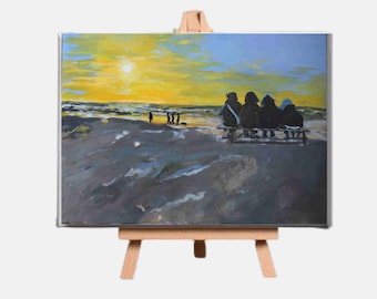 Peinture acrylique plage 'Castricum' | 60 x 80 cm acrylique sur toile | Mer et plage peintes | Peindre des gens sur la plage