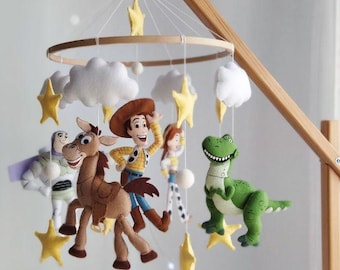 Toy Story Baby Mobile with Woody, Buzz, Rex & Bullseye | Handmade Felt Nursery Mobile |Custom Baby Gift |Adventure Mobile Cowboy Space Theme
