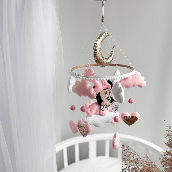 Móvil Minnie Mouse Disney Felt. Móvil para cuna de bebé. Móvil para cuna de bebé. Regalo de decoración de guardería, regalo de baby shower, regalo de niña recién nacida, móvil de dibujos animados