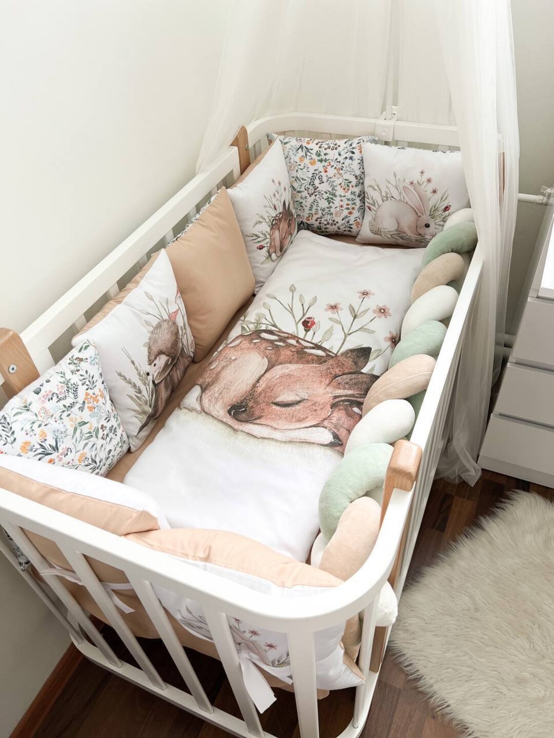 Crib Bumpers, Deer in Forest, Wild Animals Newborn Pillows, Birth Gift for Girl Boy, Braided