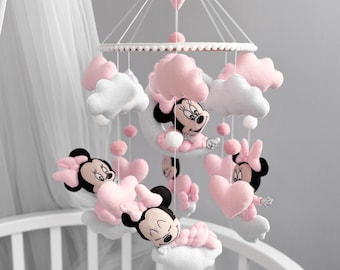 Handmade Minnie Mouse Baby Mobile | 5 Flying Minnie Figures | Pink Felt Crib Mobile Girl | Personalized Nursery Decor | Baby Shower Gift