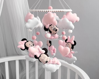 Handmade Minnie Mouse Baby Mobile | 5 Flying Minnie Figures | Pink Felt Crib Mobile Girl | Personalized Nursery Decor | Baby Shower Gift