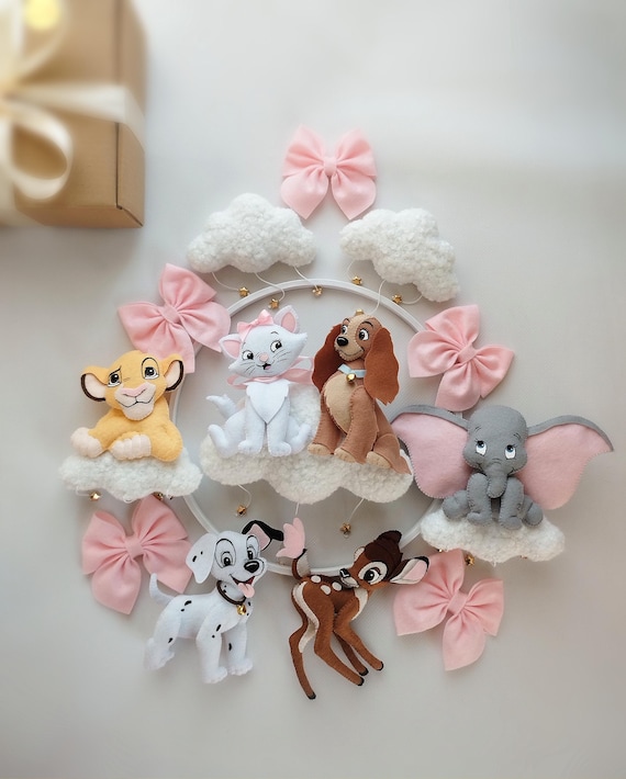 All Disney Baby Mobile with Simba, Marie, Dumbo & Bambi, Pink Princess Nursery Mobile, Personalized Crib Mobile, Baby Shower Girl Gift