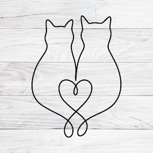 May include: Black line art illustration of two cats facing each other, with their bodies forming a heart shape. The cats are depicted in a minimalist style against a white wood grain background.