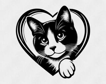 Tuxedo Cat in Heart Svg, Cute Kitty PNG DXF, Feline Lover Gift, Kitten Clipart, Pet Memorial Design, Cricut Cut Files, Animal Silhouette Art