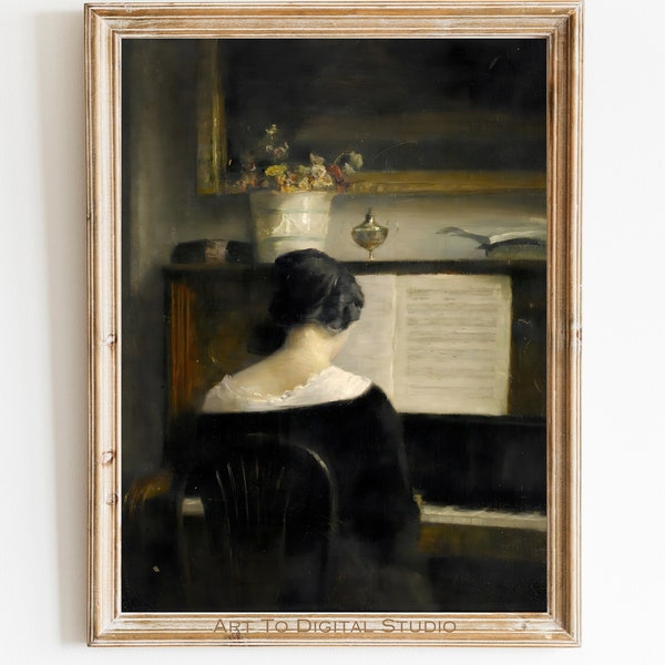 Woman Playing Piano Wall Art, Vintage Oil Painting, Antique Printable Elegant Artwork, Piano Woman Download, Pianist Woman Moody Painting