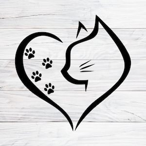May include: Black and white silhouette of a cat's head inside a heart shape with four paw prints inside the heart.