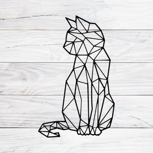 May include: A black and white geometric line art illustration of a cat sitting with its tail curled around its legs.