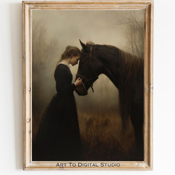 Woman With Horse Head Touch Painting, Moment Of Love Illustration, Dark Academia Animal Poster, Horse Whisperer Picture, Woman Bond Artwork