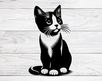 Black Tuxedo Cat SVG PNG JPG, Cute Kitten Clipart, Cat Silhouette Vector, Pet Lover Cut File, Cricut Laser Engraving Design Download