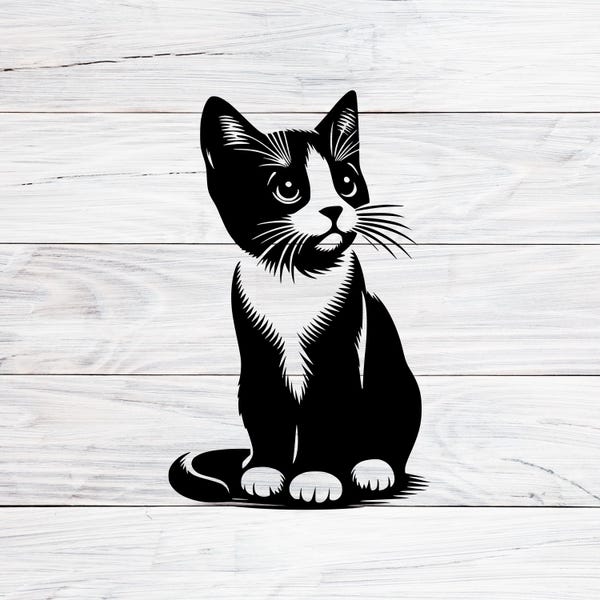 Black Tuxedo Cat SVG PNG JPG, Cute Kitten Clipart, Cat Silhouette Vector, Pet Lover Cut File, Cricut Laser Engraving Design Download