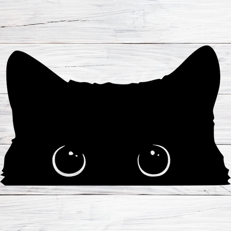 May include: A black silhouette of a cat's face with large, round eyes peeking out from behind a white wooden surface.