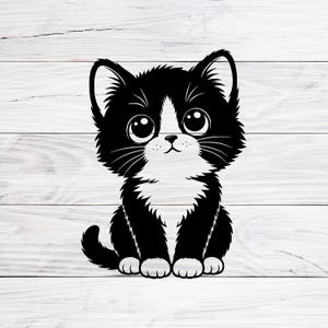 Cute Black Tuxedo Kitten SVG PNG DXF, Kawaii Cat Face Cut File, Baby Kitty Cricut Silhouette, Digital Download