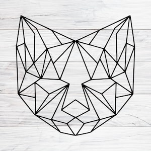 May include: A black and white geometric line art design of a cat's face.