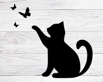 Cat With Butterfly Svg, Png, Jpg, Kitten Playing, Kitty And Butterflies Clipart