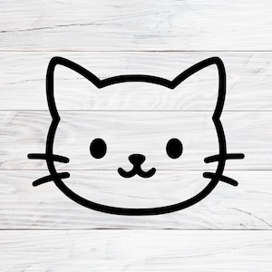Pode incluir: Um desenho a traço preto do rosto de um gato com olhos grandes e redondos, um nariz pequeno e bigodes. O rosto do gato está centrado em um fundo branco com efeito de madeira.