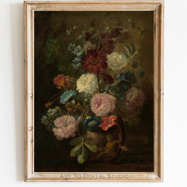 Peonies Vintage Painting, Bouquet Oil Painting, Flower Painting Print Jpg, Antique Still Life Painting, Classical Art Print, Korean Wall Art