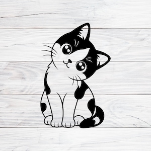 Peut inclure: Un chat de dessin animé noir et blanc avec de grands yeux et une expression souriante. Le chat est assis et regarde sur le côté, avec des taches noires sur son corps. L'image est un design simple et épuré.