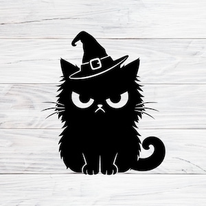 May include: A black silhouette graphic of a fluffy cat wearing a pointed witch hat with a buckle detail. The cat has large, wide-set eyes, a small frown, and a curled tail, presented as a solid black design against a white wood grain background.