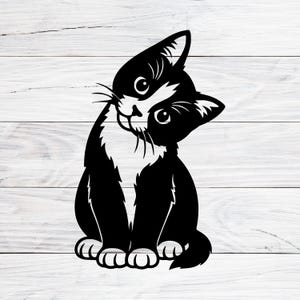 May include: A black and white cat illustration. The cat is sitting upright with its head tilted, and it has a white chest and face. The cat has a playful expression with its eyes open and whiskers visible.