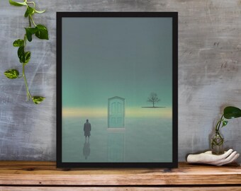 Surreal Door Landscape Art Print: Dreamlike Minimalist Wall Decor
