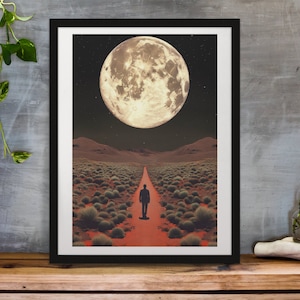 Surreal Moon Desert Art Print: Retro Full Moon Landscape