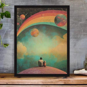 Retro / Psicodélico / Espacio / Arte / Padre / Hija / Sentado / Arcoíris / Vintage / Planeta / Póster / Pared / Impresión