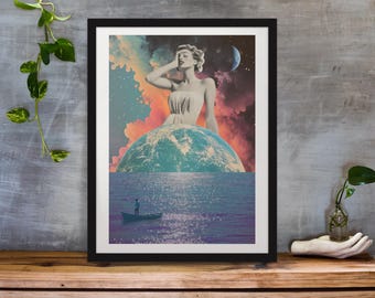 Retro Futurism Art Print: Cosmic Woman, Space Explorer Collage