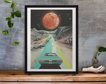 Retro Cosmic Road Trip Print: Surreal Sci-Fi Art, Vintage Car Decor