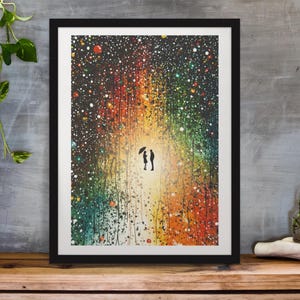Arte romántico de silueta de lluvia / Impresión abstracta colorida de pareja / Arte mural de amor cósmico / Póster de noche estrellada / Póster en tamaños A5, A4 y A3