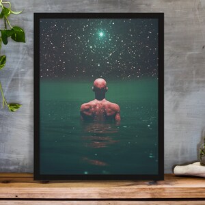 Alien/ Wasser /Sternenklare Nacht/ Digitaldruck/ Retro Futurismus Kunst/Vintage Collage /Surreale Kunst/ Science Fiction / Kosmische Kunst (ohne Rahmen)