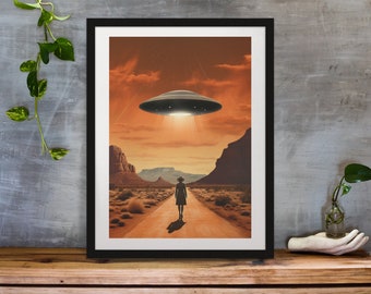 Retro UFO Art Print: Desert Encounter, Sci-Fi Poster