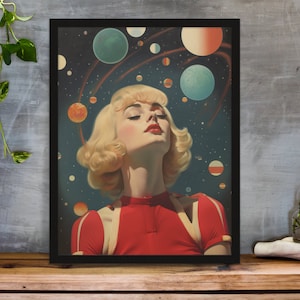 BLONDE /pianeti /pop art kitsch,/arte delle stelle /donna arte surreale retrò, arte psichedelica, poster di cannabis, stampa murale vintage, psichedelica (SENZA CORNICE)