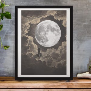 Surreal Moon Art Print: Boatman in Clouds, Retro Landscape