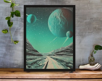 Turquoise Planet Road Print: Retro Kitsch Space Collage