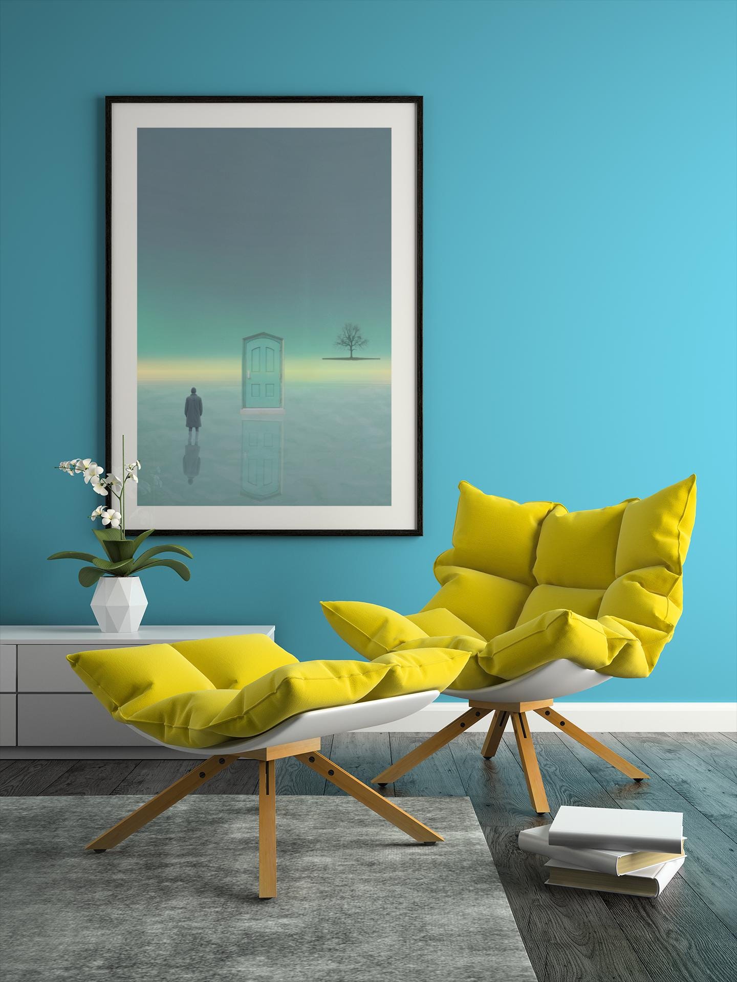 Surreal Door Landscape Art Print: Dreamlike Minimalist Wall Decor