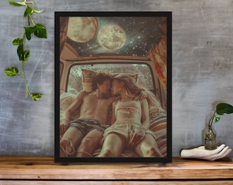 Sci-Fi Couple in Space Van Poster: Retro Futurism Collage Art