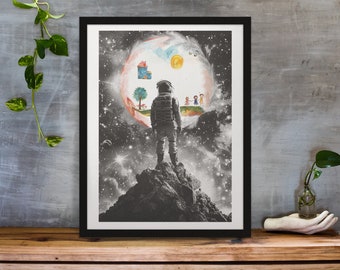 Nostalgic Astronaut Art Print: Retro Futurism Collage