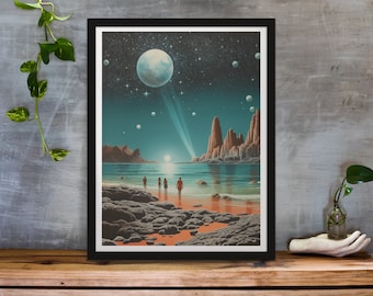 Surreal Beach Art Print: Retro Cosmic Sci-Fi Collage