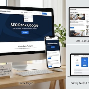 May include: A desktop computer, tablet, and smartphone display website mockups. The website is titled "SEO Rank Google" and features a clean, modern design. The image also shows "Blog Page Layout", "Pricing Table & FAQ Page", and "Services & Features" pages.